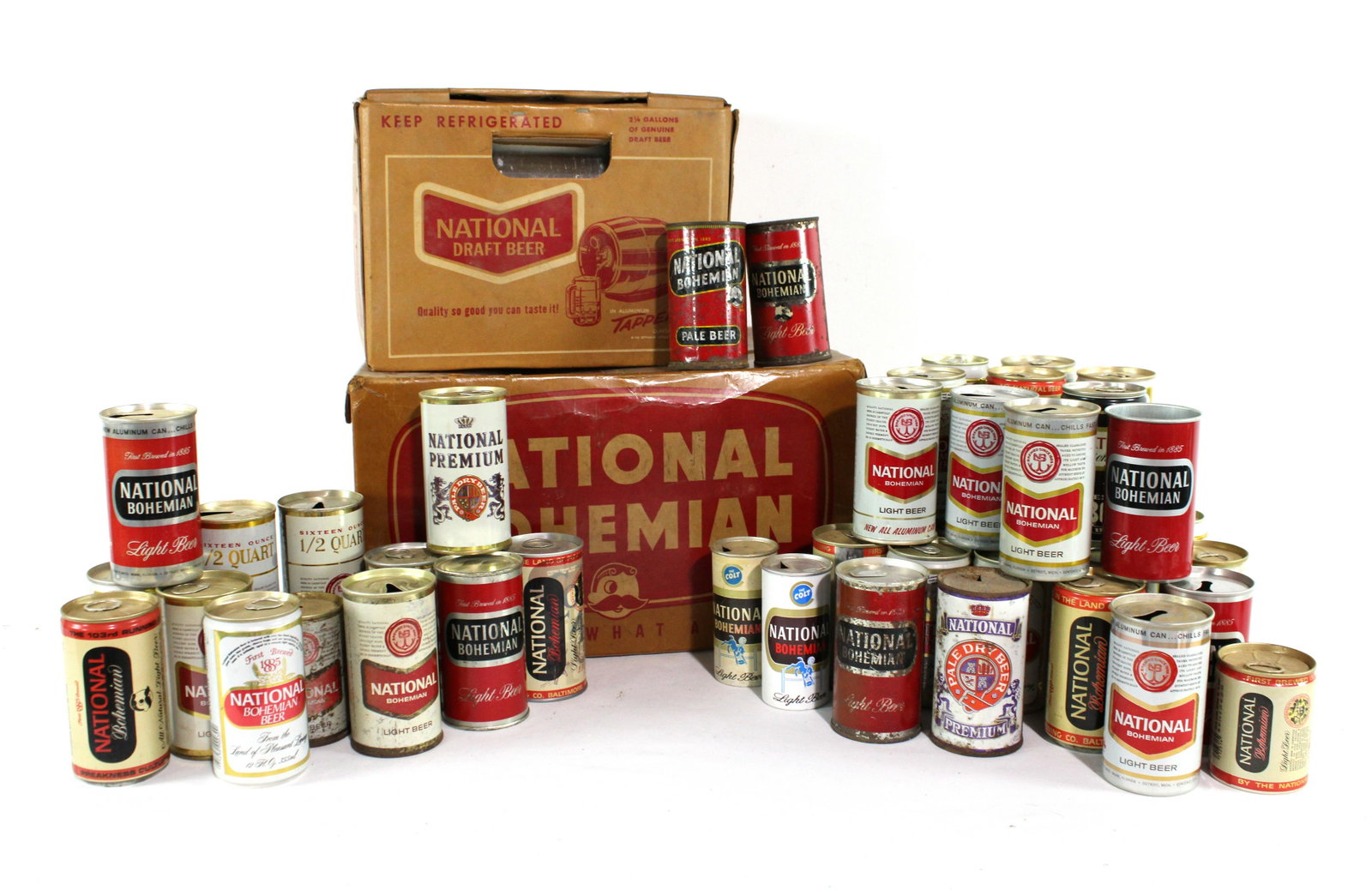 National Bohemian, Natty Boh Cans incl. Flat Top: National Bohemian, Natty Boh Cans incl. Flat Top. Also includes bottle box and draft beer keg tapper in box. Dimensions: 10 x 17 x 12. *Please see terms for shipping details.