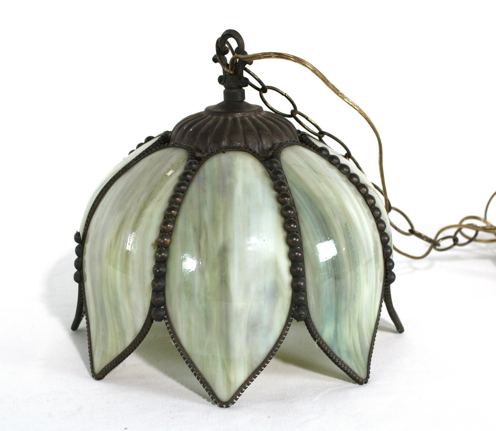 Small Slag Glass Hanging Lamp: Small Slag Glass Hanging Lamp. Working. This item requires third party shipping or pickup arrangements to be made. Dimensions: 11 x 12 x 12