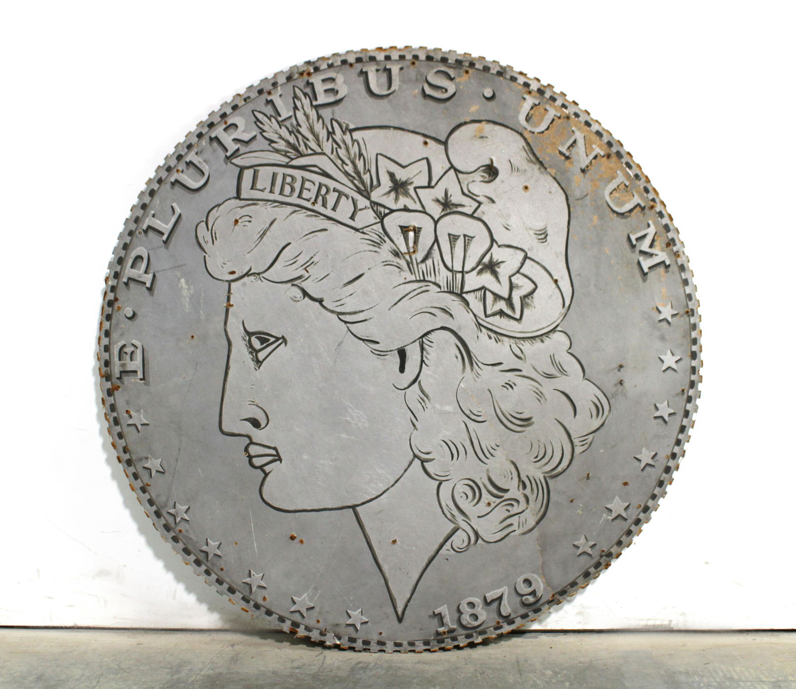 4FT Masonite E. Pluribus Coin Sign Painted: 4FT Masonite E. Pluribus Coin Sign Painted. This item requires third party shipping or pickup arrangements to be made. Dimensions: 48 x 48