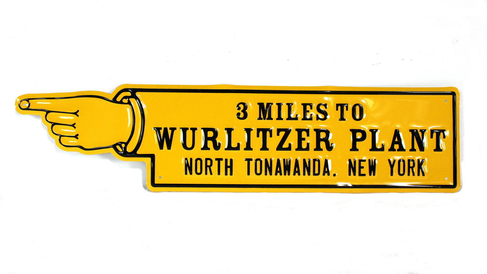 Embossed Wurlitzer Jukebox "3 Miles to Plant" Tin Sign: Embossed Wurlitzer Jukebox "3 Miles to Plant" Tin Sign. Newer sign/ repro. In-house shipping available. Dimensions: 6 x 23