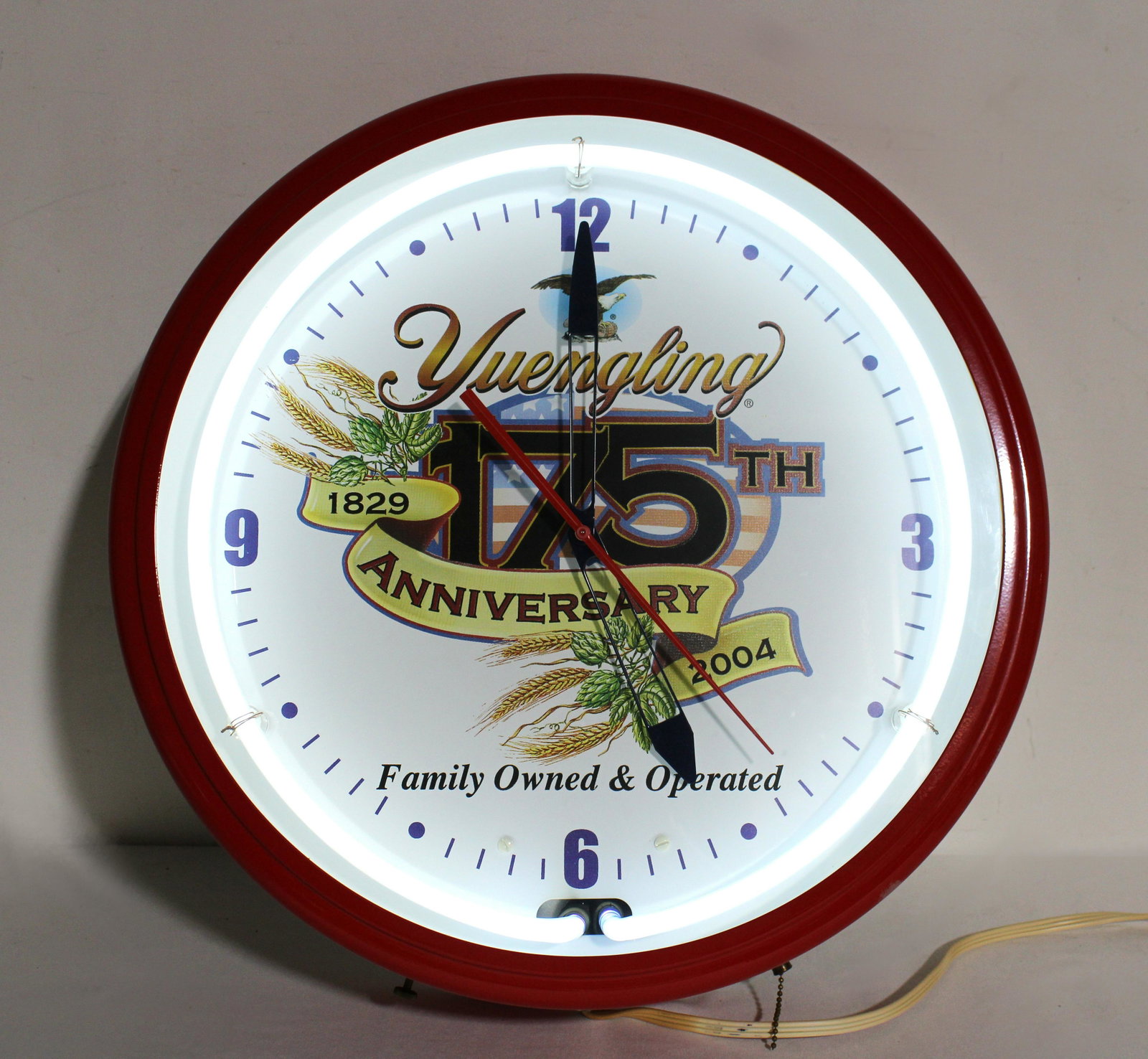 Yuengling 175th Anniversary Neon Clock: Yuengling 175th Anniversary Neon Clock. Working. This item requires third party shipping or pickup arrangements to be made. Shipping through the mail is not recommended. Dimensions: 20 x 20 x 6