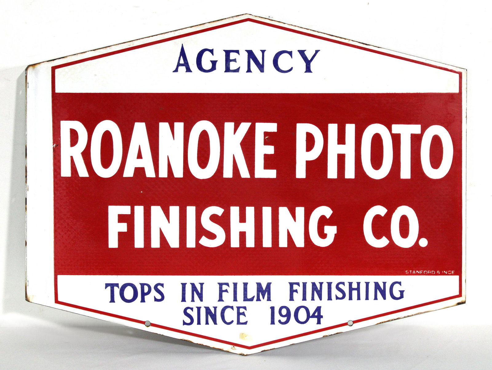 Porcelain Roanoke Photo Finishing Co. Flange Sign: Porcelain Roanoke Photo Finishing Co. Flange Sign. In-house shipping available. Dimensions: 16 x 21 x 1
