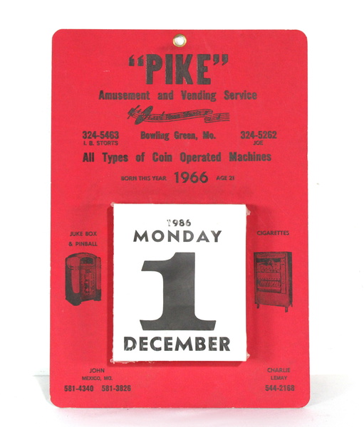Pike Vending Calendar Featuring Jukebox And Cigarette Vending Machine