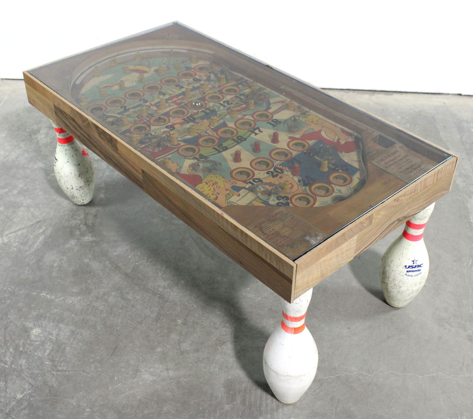Carnival Themed Pinball Playfield Coffee Table with Bowling Pin Legs (1 of 2)