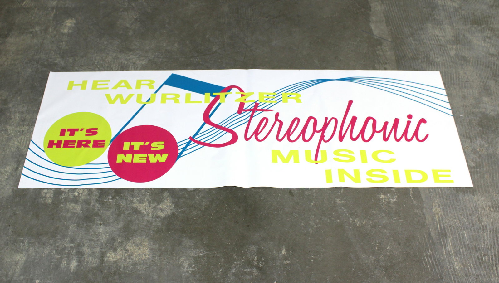 6FT Wurlitzer Stereophonic Jukebox Vinyl Banner: 6FT Wurlitzer Stereophonic Jukebox Vinyl Banner. This item requires third party shipping or pickup arrangements to be made. Dimensions: 24 x 71