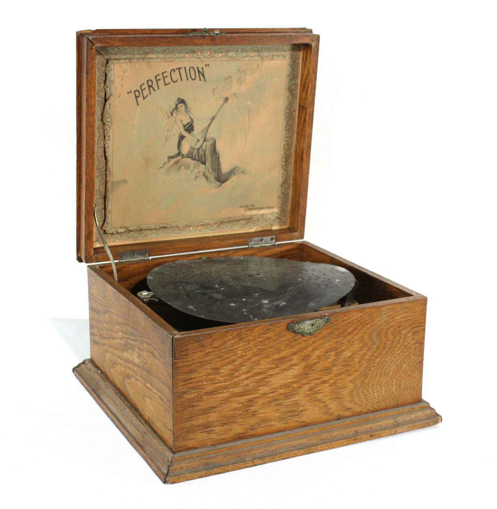 1800s Perfection Music Box Co Music Box, Parts or Repair: 1800's Perfection Music Box Co. Music Box for Parts or Repair. Disc Measures 10.5". This item requires third party shipping or pickup arrangements to be made. Dimensions of Case: 8 x 15 x 14