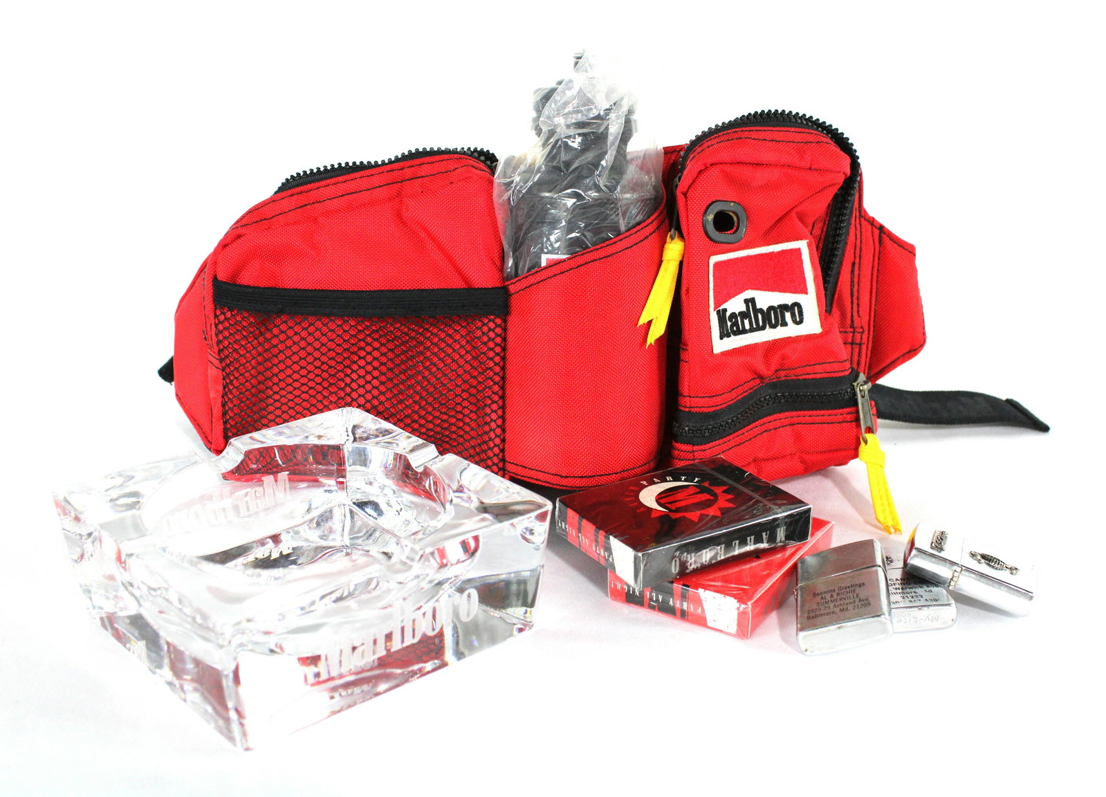 Marlboro Promotional Items incl. Crystal Ashtray: Marlboro Promotional Items incl. Crystal Ashtray. Also includes several lighters, pin and waterbottle. In-house shipping available. Dimensions of ashtray:2 x 6 x 6