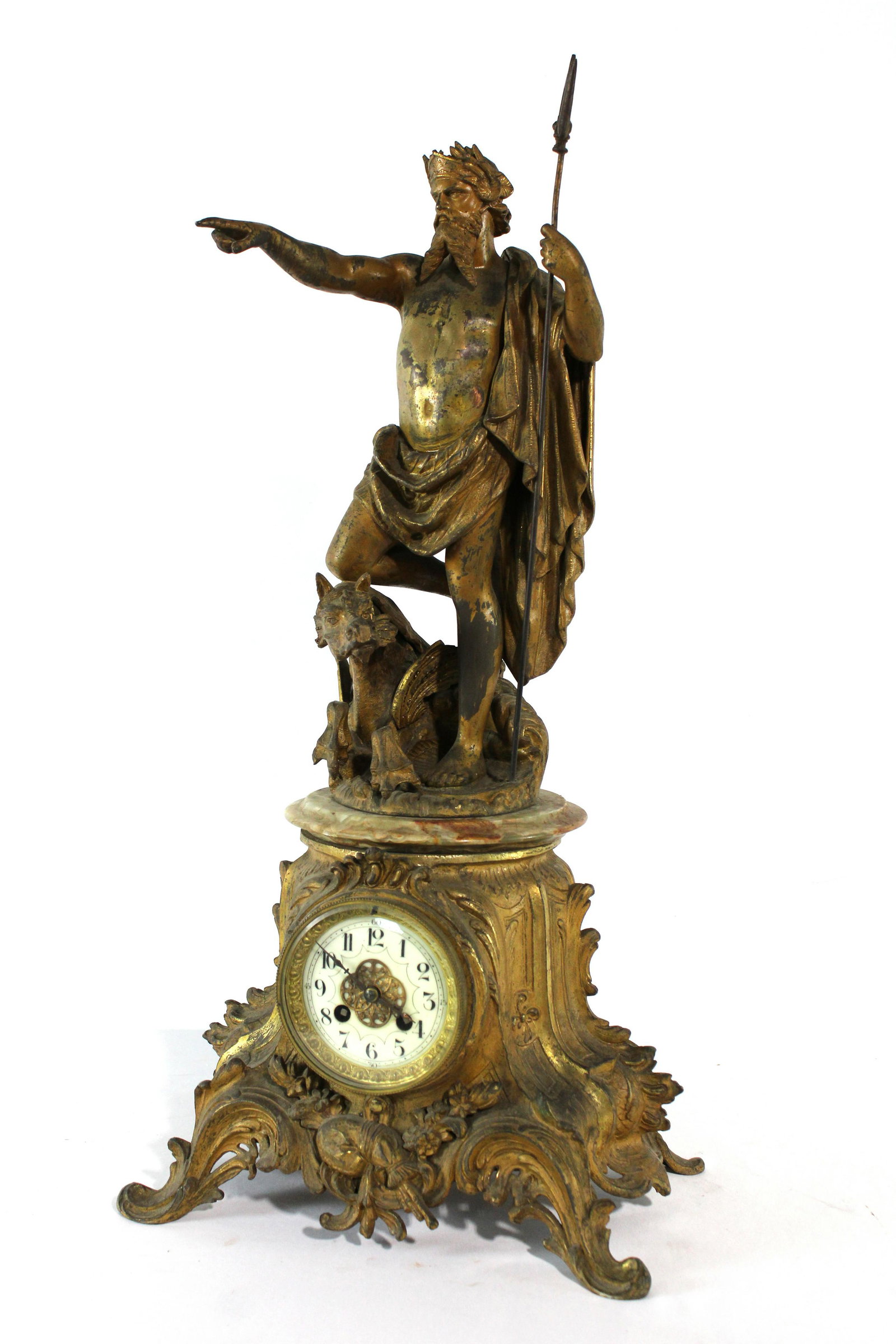 Posideon Mantel Clock: Posideon Mantel Clock. Needs reattached to base. Metal. Not working.This item requires third party shipping or pickup arrangements to be made. Dimensions: 27 x 14 x 9