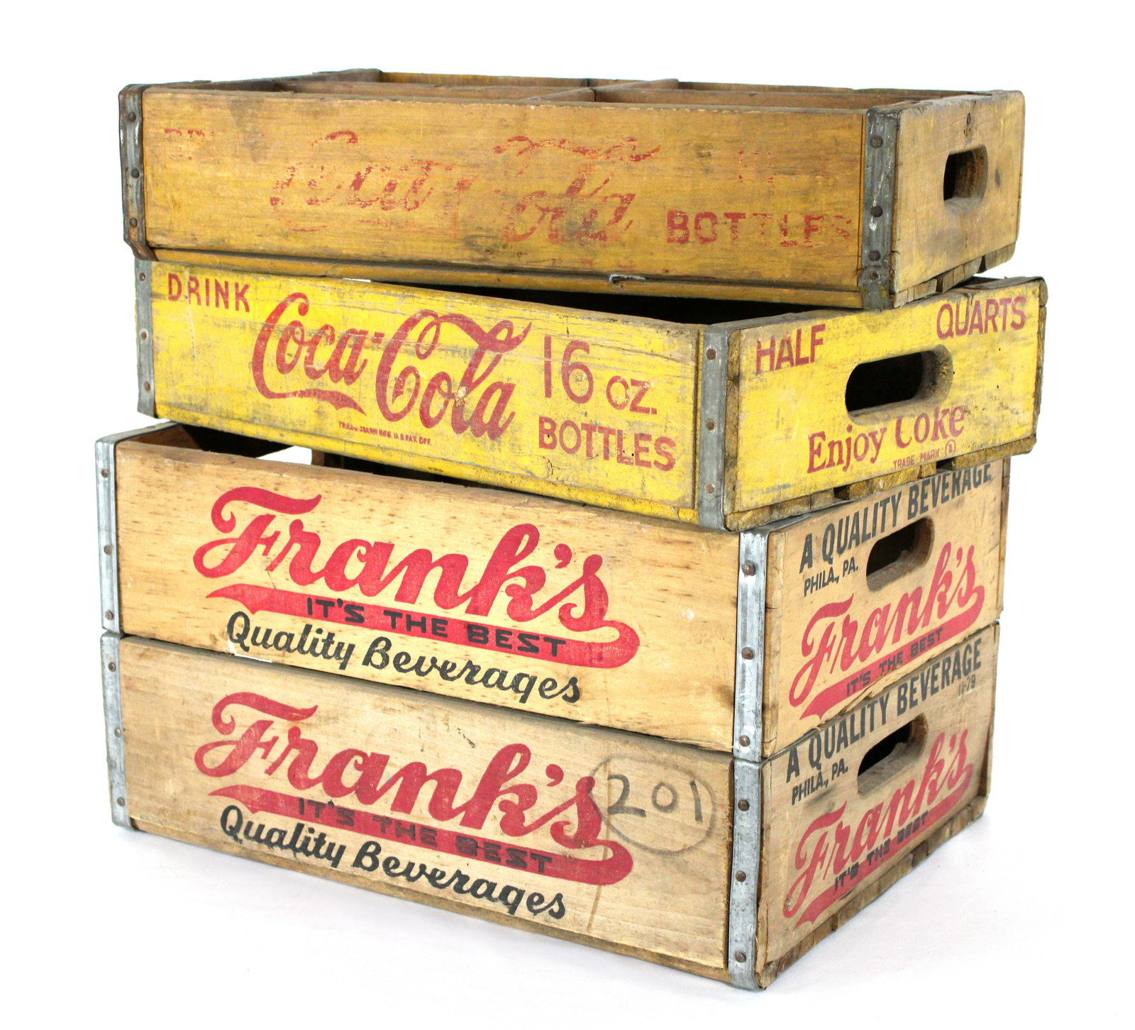 Vintage Crates incl. Coca Cola and Franks: Vintage Crates incl. Coca Cola and Franks. Franks crate is one piece. In-house shipping available.