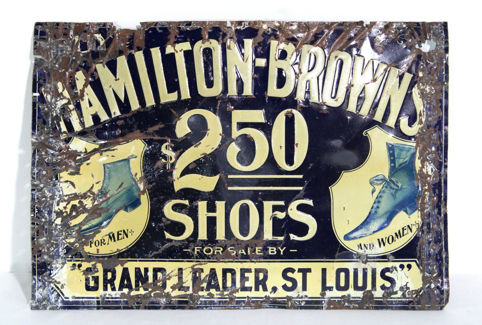 Hamilton Brown's Shoes Tin Sign, St. Louis: Hamilton Brown's Shoes Tin Sign, St. Louis. In-house shipping available. Dimensions: 14 x 20