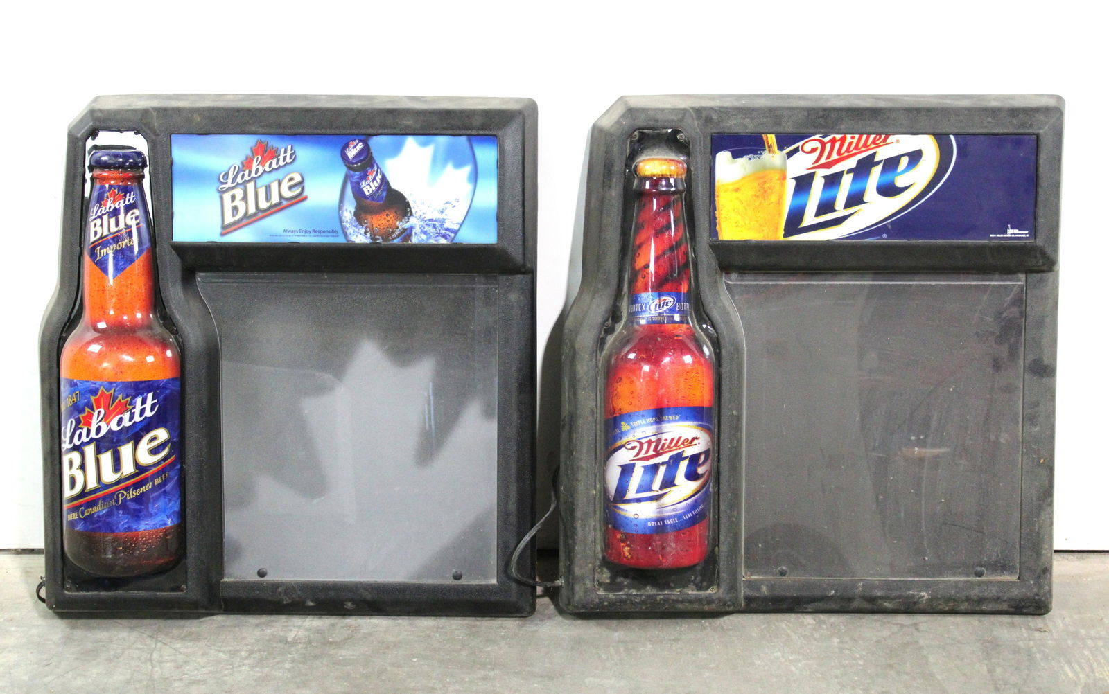 Miller and Labatt Blue Beer Light Up Boards: Miller and Labatt Blue Beer Light Up Boards. This item requires third party shipping or pickup arrangements to be made. Dimensions of One: 26 x 26 x 9