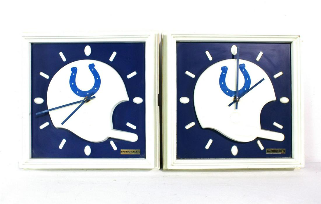 Pair of Baltimore Colts Football Clocks: Pair of Baltimore Colts Football Clocks. Untested, Sold as-is. In-house shipping available. Dimensions of One: 15 x 15 x 3