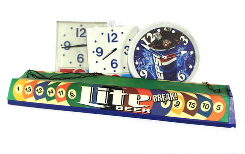 Pepsi Clocks and Miller Lite Pool Table Light: Pool table light is missing one side. Clocks untested. This item requires third party shipping or pickup arrangements to be made. Dimensions of light: 6 x 49 x 12