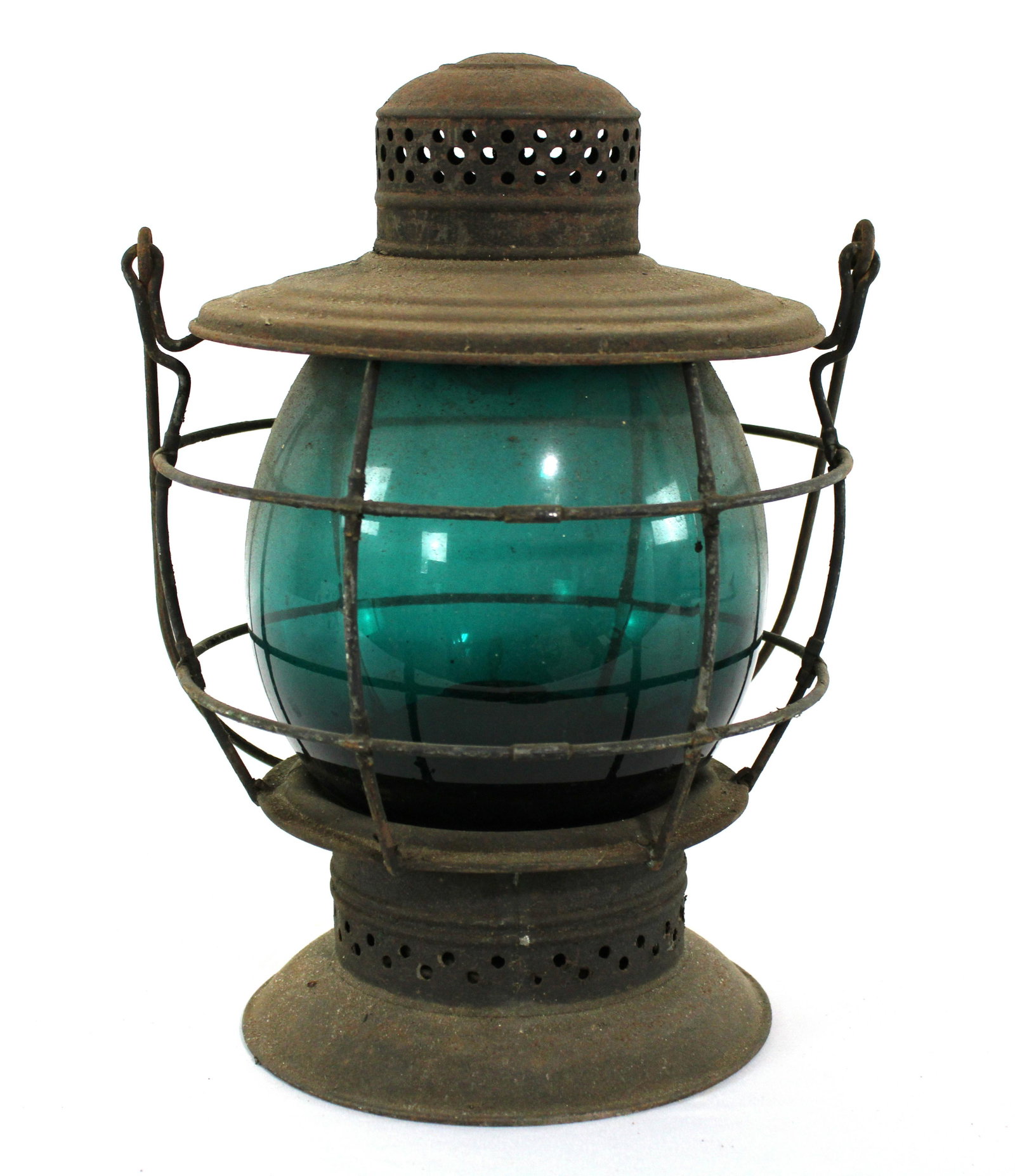 Teal Glass Railroad Lantern: Teal Glass Railroad Lantern. This item requires third party shipping or pickup arrangements to be made. Dimensions: 12 x 9 x 8