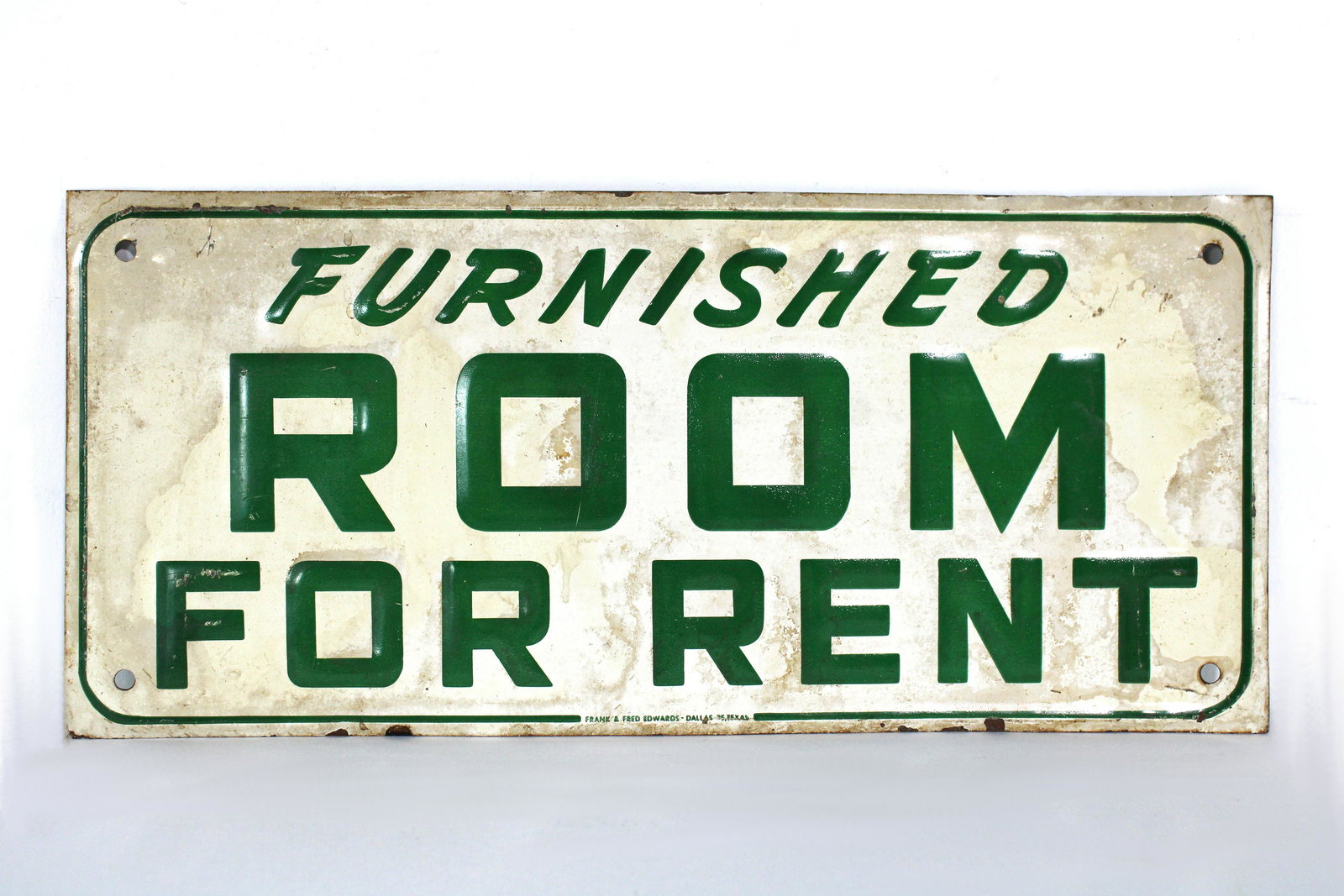 Furnished Room For Rent Embossed Sign, Frank and Fred Edwards, 1950s: Furnished Room For Rent Embossed Sign, Frank and Fred Edwards, 1950s. In-house shipping available. Dimensions: 7 x 15