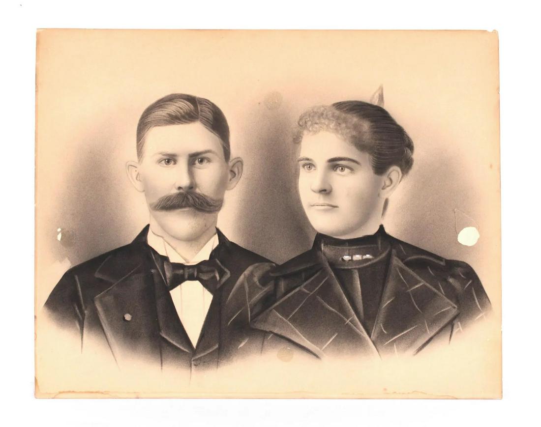 Antique Charcoal Drawing of Couple: Antique Charcoal Drawing of Couple. Some surface damage. In-house shipping available.