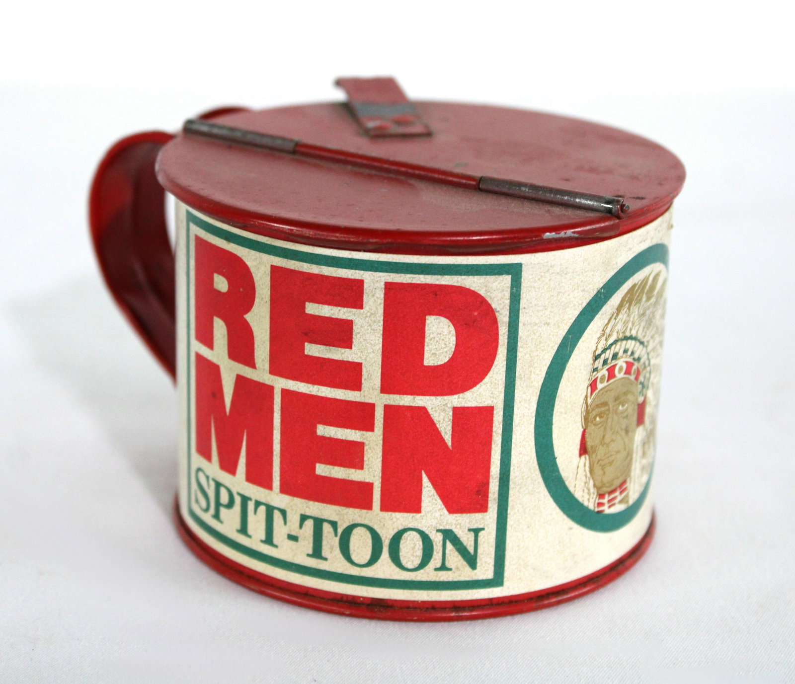 Red Men Spit-toon Can: Red Men Spit-toon Can. In-house shipping available. Dimensions: 3 x 5 x 4