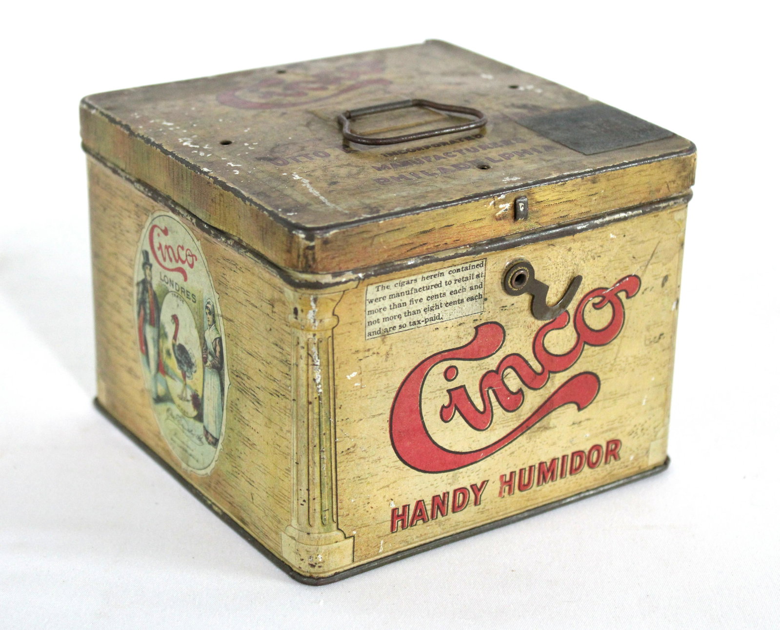 Cinco Tobacco Humidor Tin: Cinco Tobacco Humidor Tin. In-house shipping available. Dimensions: 4 x 5 x 5