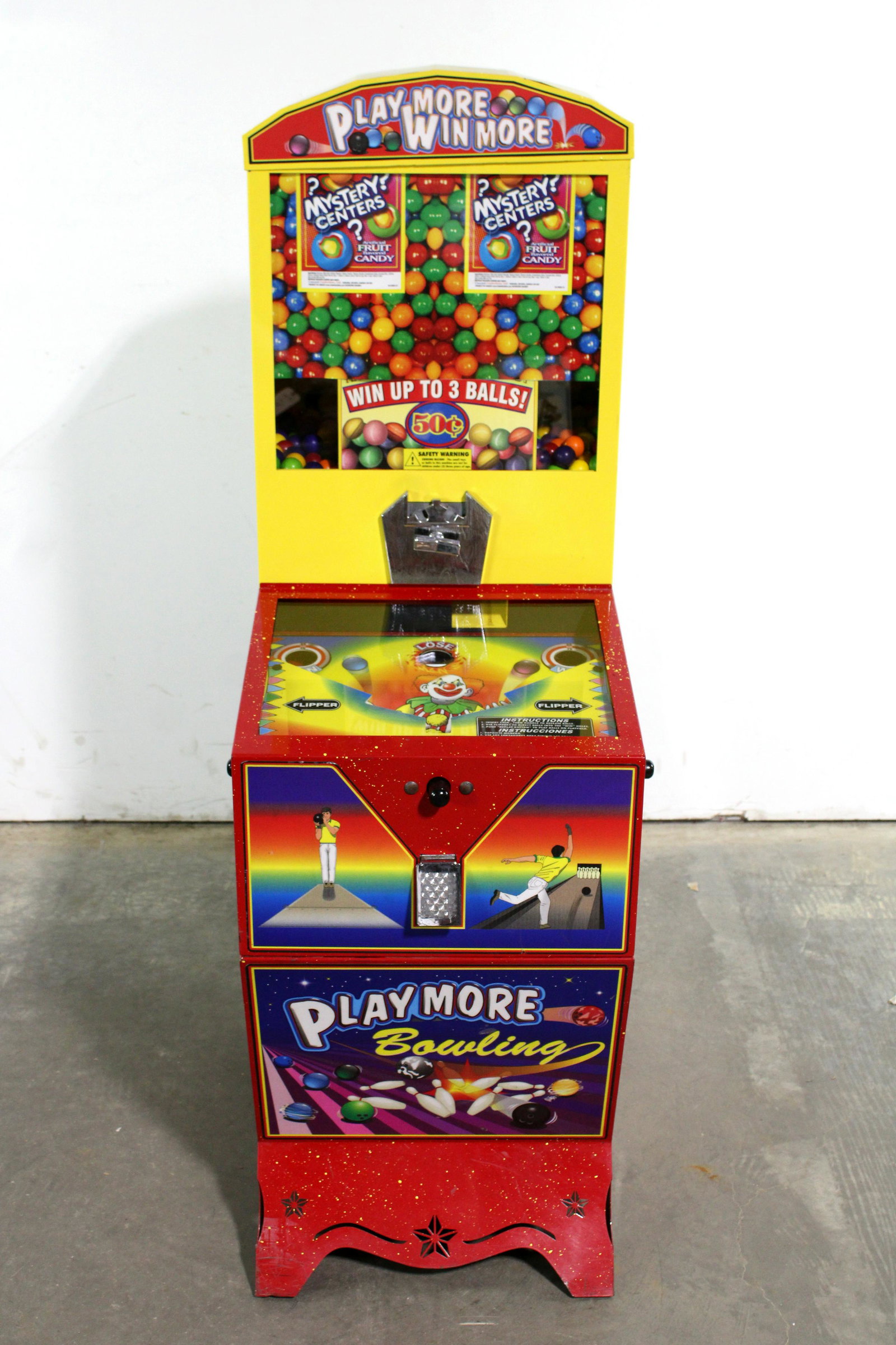 Play More Pinball Style Gumball Vendor: Play More Pinball Style Gumball Vendor. Working. No back door. Dimensions: 55 x 19 x 27