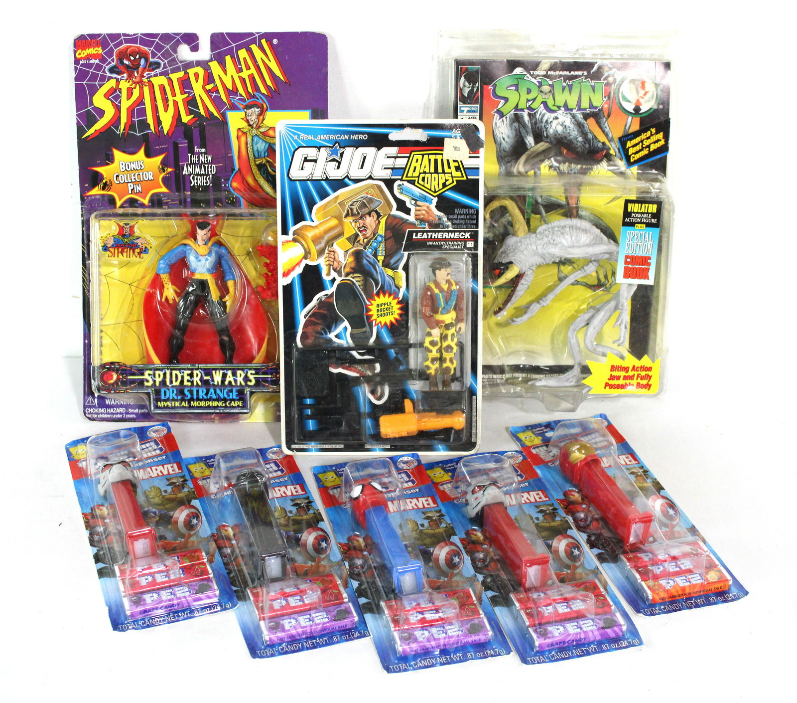 Spiderman, Spawn and GI Joe Action Figures: Spiderman, Spawn and GI Joe Action Figures. Also includes PEZ Dispensers. In-house shipping available.