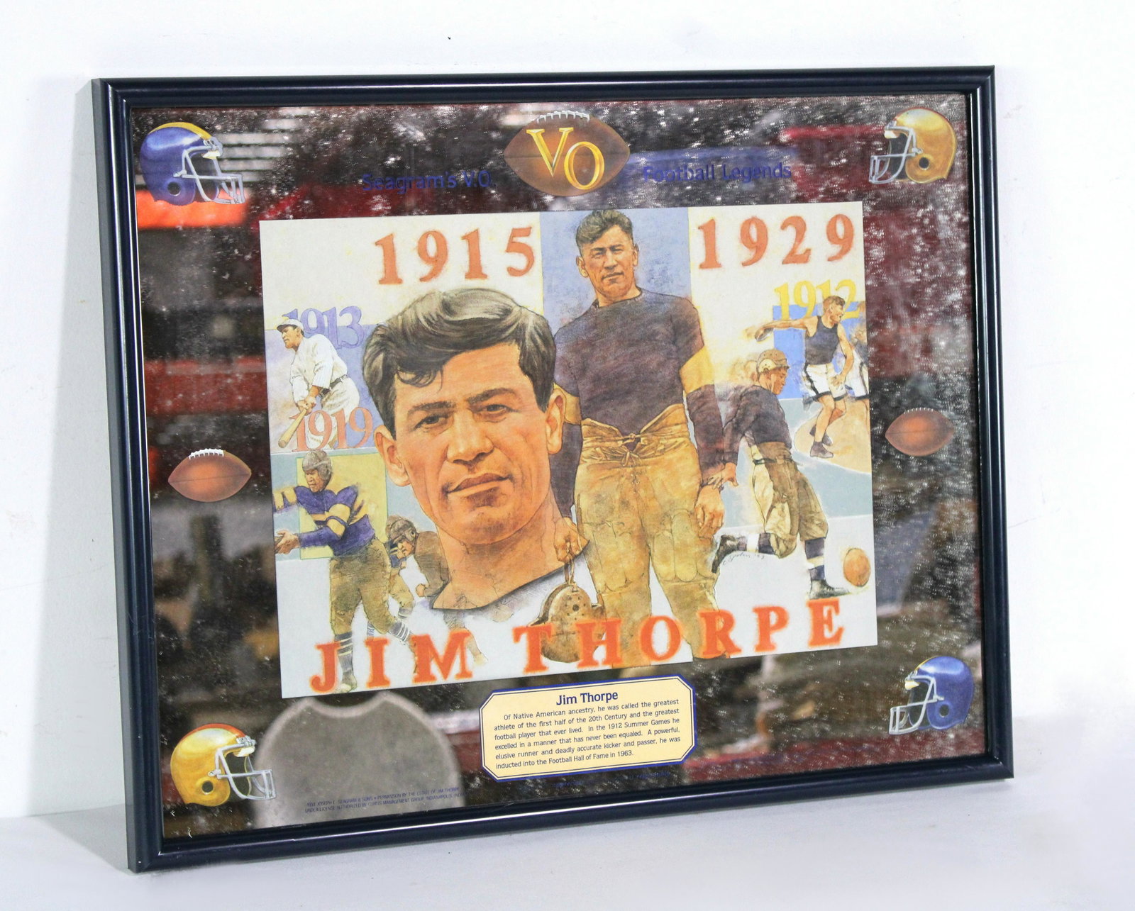 Seagrams Football Series Jim Thorpe Advertising Mirror: Seagrams Football Series Jim Thorpe Advertising Mirror. This item requires third-party shipping or pickup arrangements to be made. Dimensions: 17 x 20 x 1