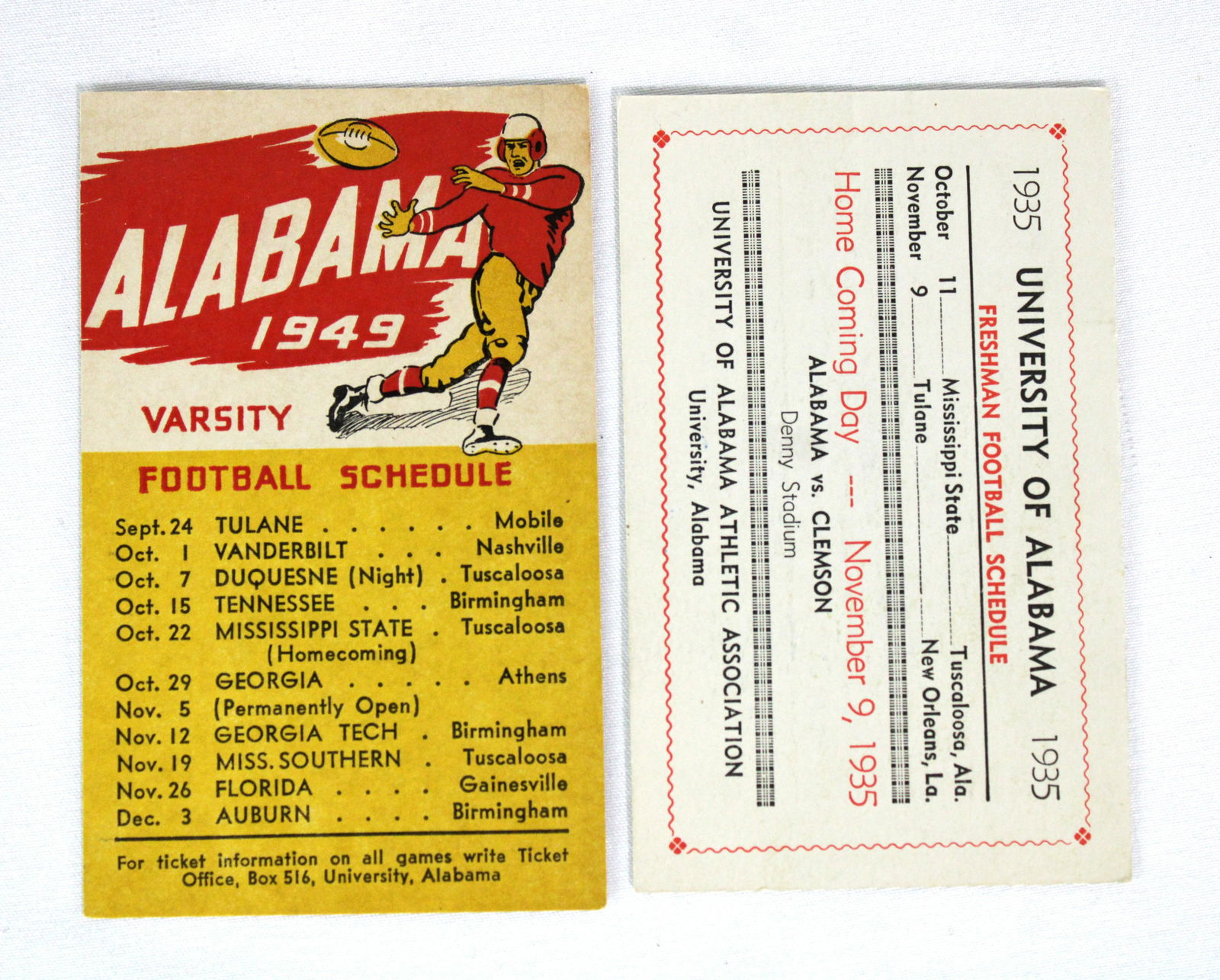 University Of Alabama Football Schedule Cards, 1949 And 1935 Auction