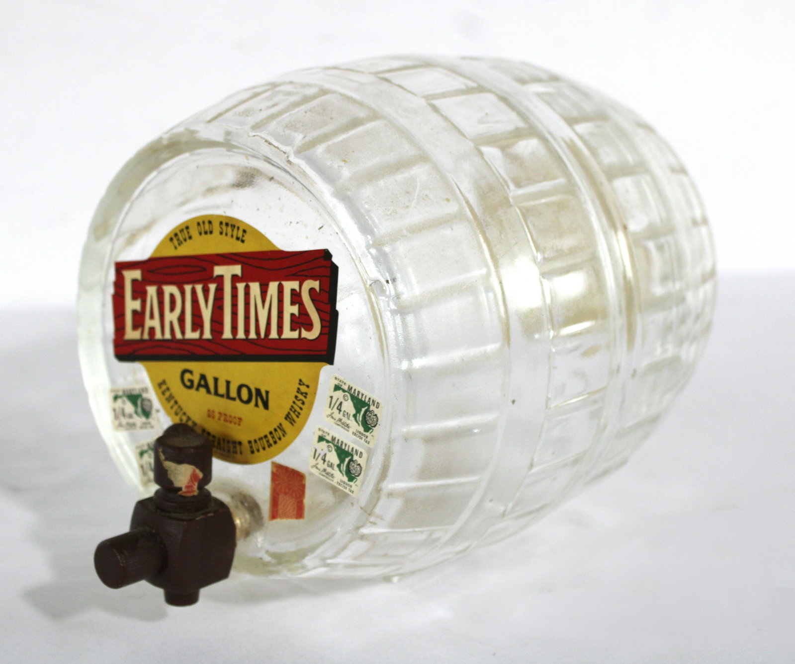 Early Times Glass Gallon Whisky Barrel: Early Times Glass Gallon Whisky Barrel. This item requires third-party shipping or pickup arrangements to be made. Dimensions: 8 x 8 x 11