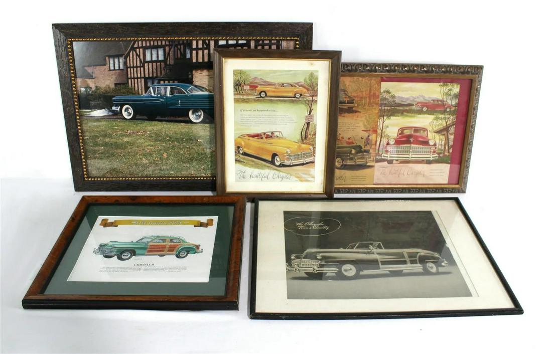 Car Themed Advertisements and Photos incl Chrysler, Framed: Car Themed Advertisements and Photos incl Chrysler, Framed. Varying conditions. This item requires third party shipping or pickup arrangements to be made. Dimensions of One: 21 x 30 x 1