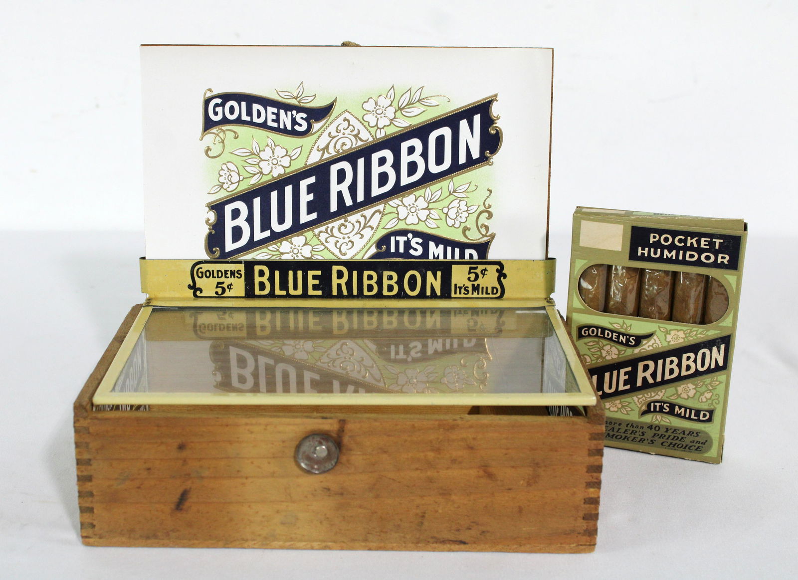Early Finger Jointed Cigar Box and Golden's Blue Ribbon Pocket Humidor w/ Cigars (1 of 3)