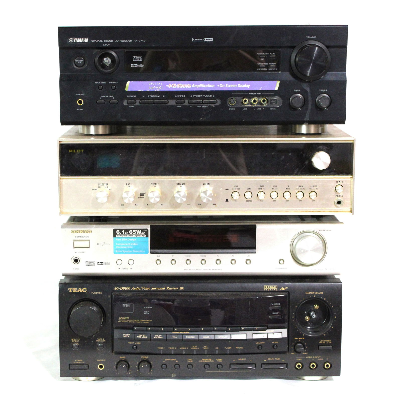 Audio Receivers incl. Yamaha, Onkyo, Pilot and TEAC: Audio Receivers incl. Yamaha, Onkyo, Pilot and TEAC. Untested, used equipment. Total of Four. This item requires third party shipping or pickup arrangements to be made. Dimensions: 7 x 17 x 16