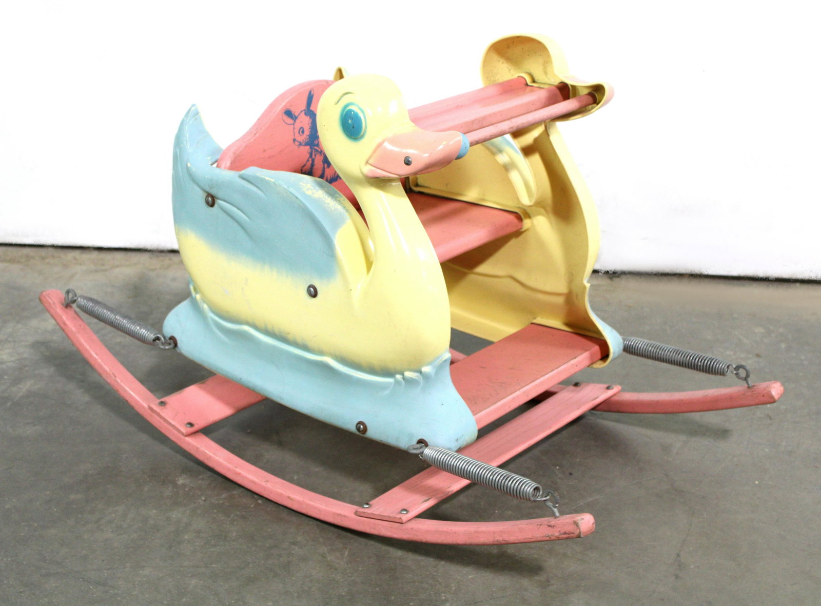 Delphos Bending "Duck Shoofly" Spring Bouncer Rocker, 1950s: Delphos Bending "Duck Shoofly" Spring Bouncer Rocker, 1950s. This item requires third party shipping or pickup arrangements to be made. Dimensions: 20 x 18 x 33