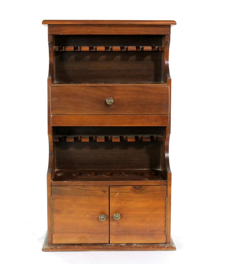 Fourteen Pipe Wooden Pipe Rest Wallmount Cabinet: Fourteen Pipe Wooden Pipe Rest Wallmount Cabinet. This item requires third party shipping or pickup arrangements to be made. Dimensions: 24 x 13 x 7