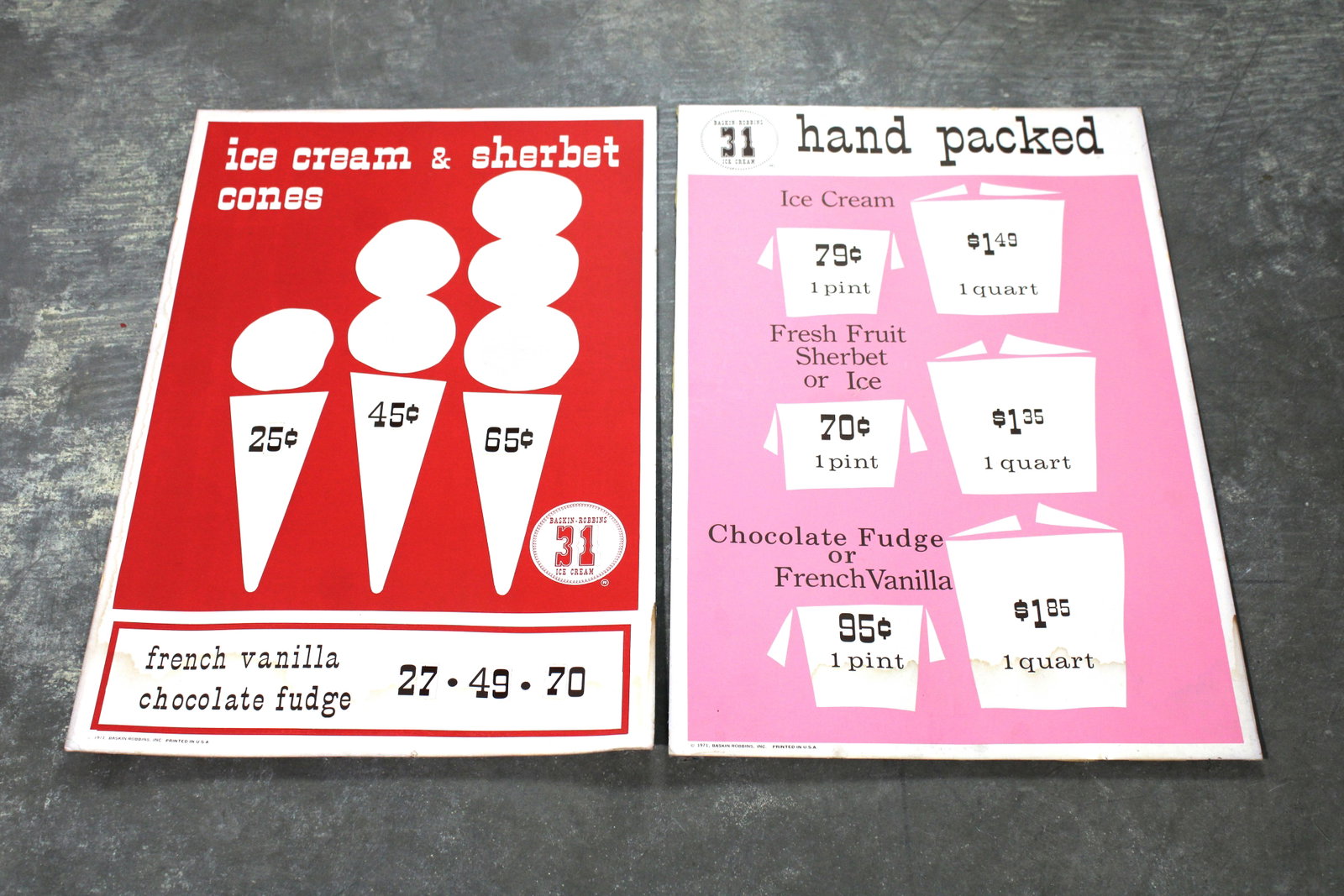 Baskin Robbins Ice Cream Signs, 1970s: Baskin Robbins Ice Cream Signs, 1970s. Some water damage. In-house shipping available. Dimensions of one: 26 x 17
