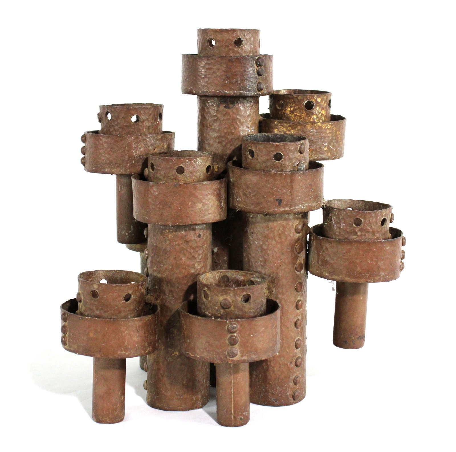 Abstract Industrial Copper and Iron Candelabra: Abstract Industrial Copper and Iron Candelabra. In-house shipping available. Dimensions: 15 x 14 x 12
