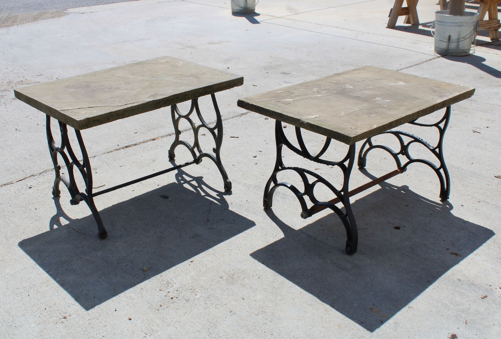 Pair of Outdoor Tables, Stone Top with Antique Sewing Machine Bases (1 of 2)