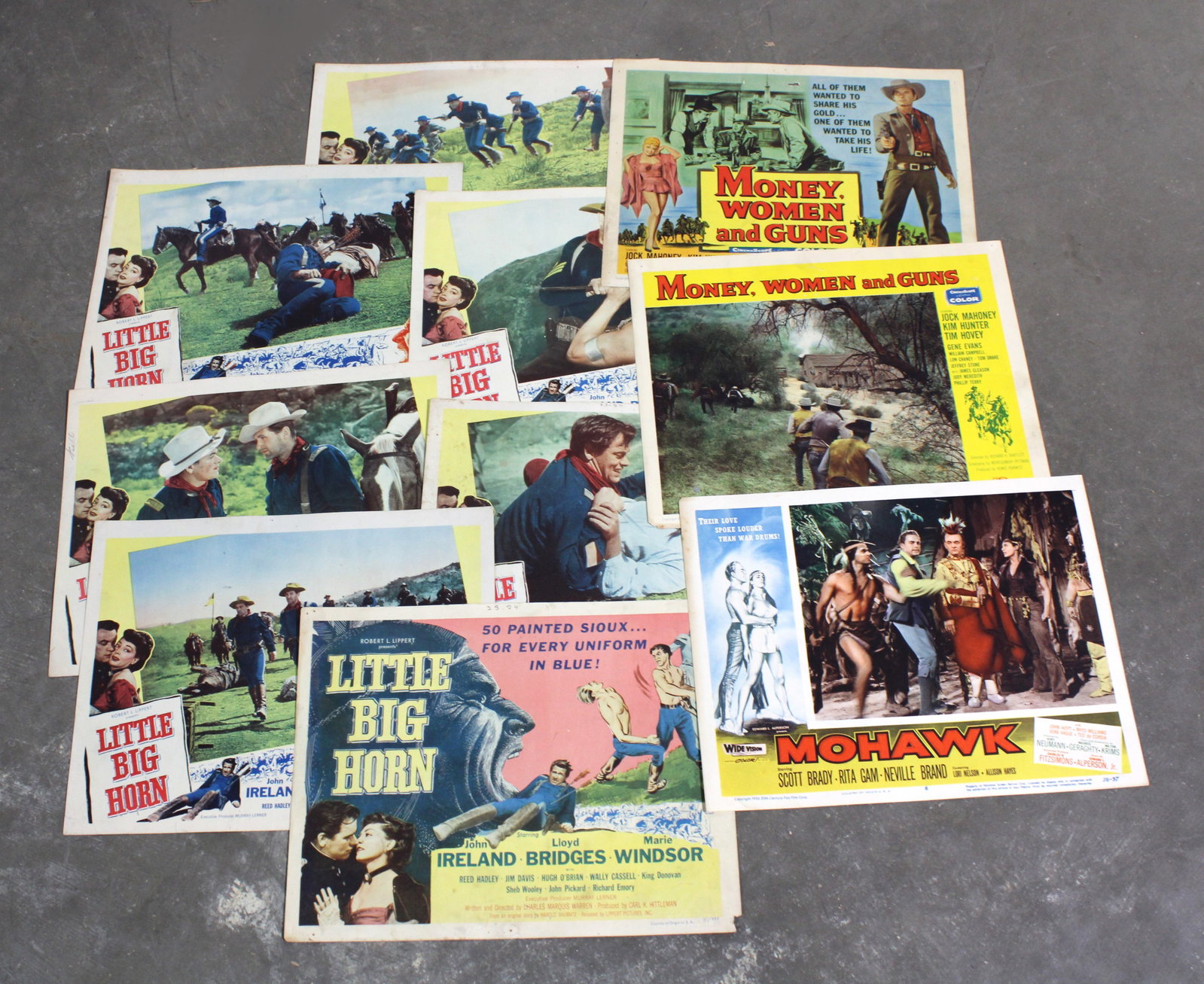 Original Movie Lobby Cards incl. Little Big Horn, 1950s: Original Movie Lobby Cards incl. Little Big Horn, 1950s. Total of 10 cards. Including Little Big Horn - Money, Women and Guns - Mohawk. Shipped flat. In-house shipping available. Dimensions of one: 11