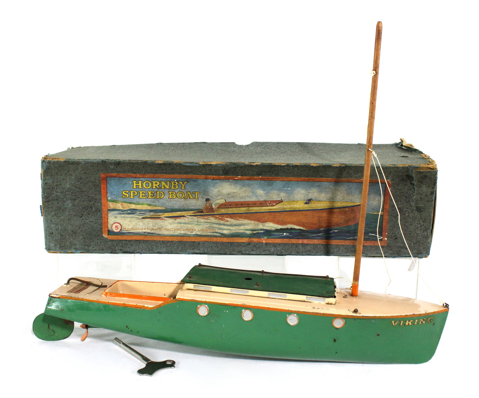 Meccano Hornby Sail Boat #5 Wind Up Toy with Box: Meccano Hornby Sail Boat #5 Wind Up Toy with Box, 1930s. In-house shipping available. Dimensions of Box: 5 x 18 x 5