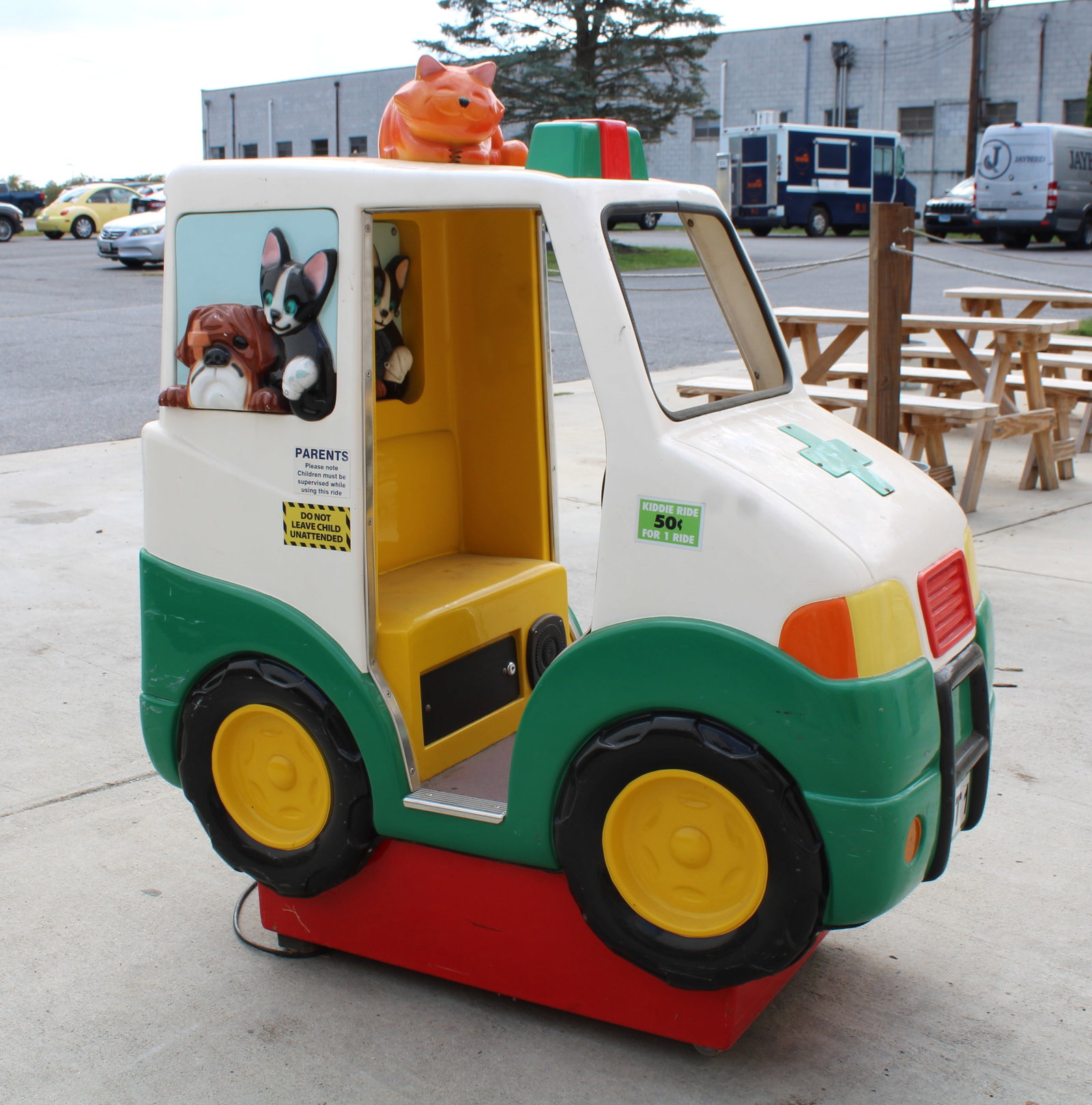Animal Rescue Ambulance Coin Operated Kiddie Ride: Animal Rescue Ambulance Coin Operated Kiddie Ride. Working with sound. Locked, no key. This item requires third-party shipping or pickup arrangements to be made. Dimensions: 56 x 26 x 50