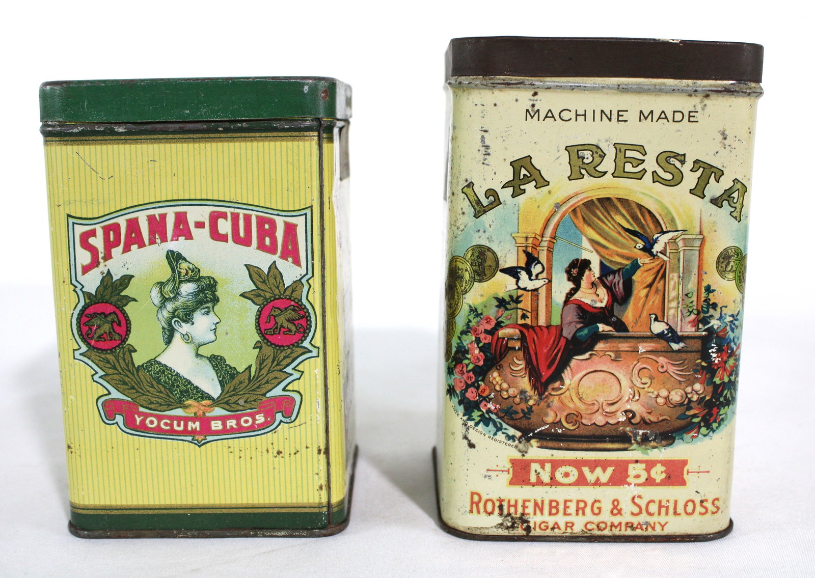 La Resta and Spana- Cuba Tobacco Tins: La Resta and Spana- Cuba Tobacco Tins. In-house shipping available. Dimensions of One: 6 x 4 x 4