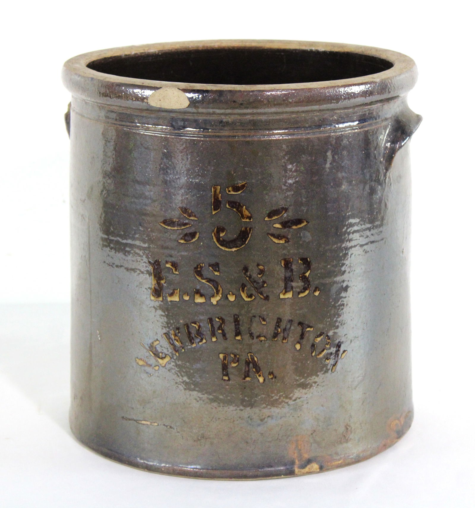 Five Gallon E.S. & B. Stoneware Crock Newbrighton, PA (1 of 2)