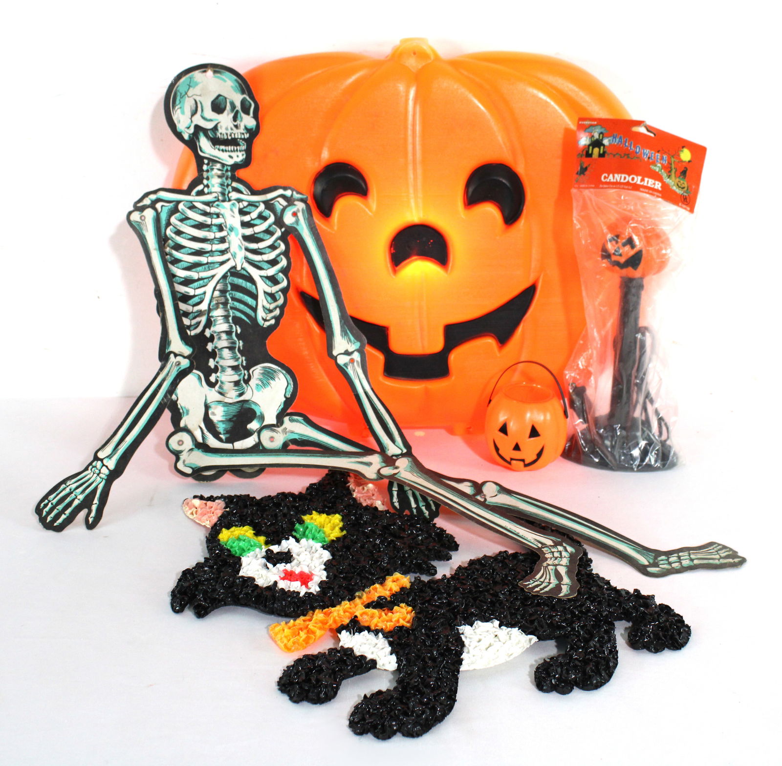 Vintage Halloween Decorations including Pumpkin Blow Mold and Popcorn Cat (1 of 2)