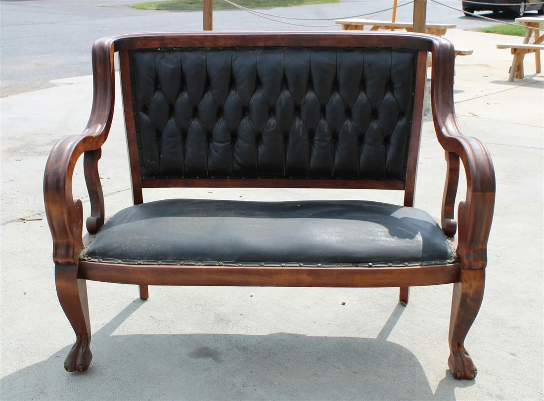Antique Mahogany and Leather Clawfoot Bench (1 of 7)