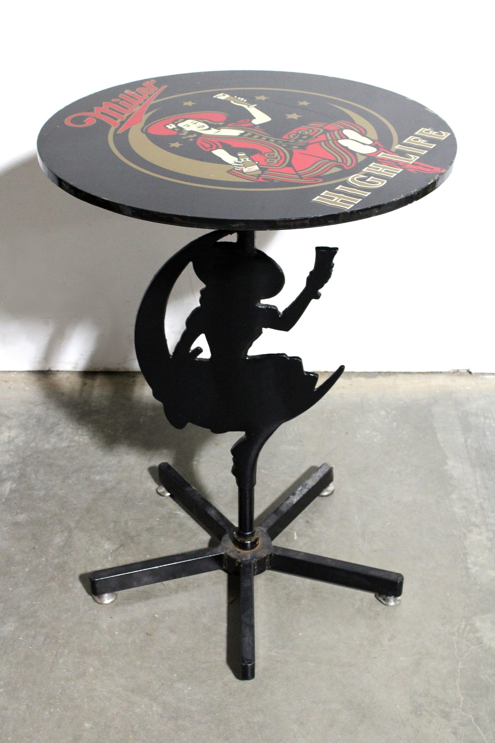 Miller Girl on the Moon High Top Table: Miller Girl on the Moon High Top Table. This item requires third-party shipping or pickup arrangements to be made. Dimensions: 43 x 30 x 30