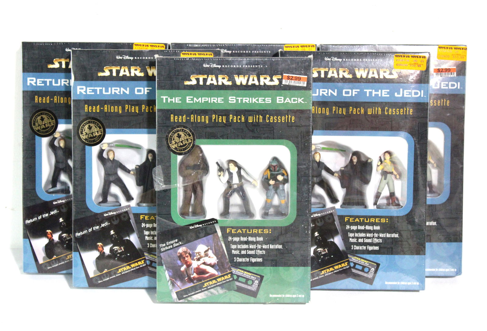 NIB Star Wars Return of the Jedi / Empire Strikes Back Read Along Cassettes and Figurines: NIB Star Wars Return of the Jedi / Empire Strikes Back Read Along Cassettes and Figurines. Five Return of the Jedi and one Empire Strikes Back. In-house shipping available. Dimensions of One: 12 x 8 x