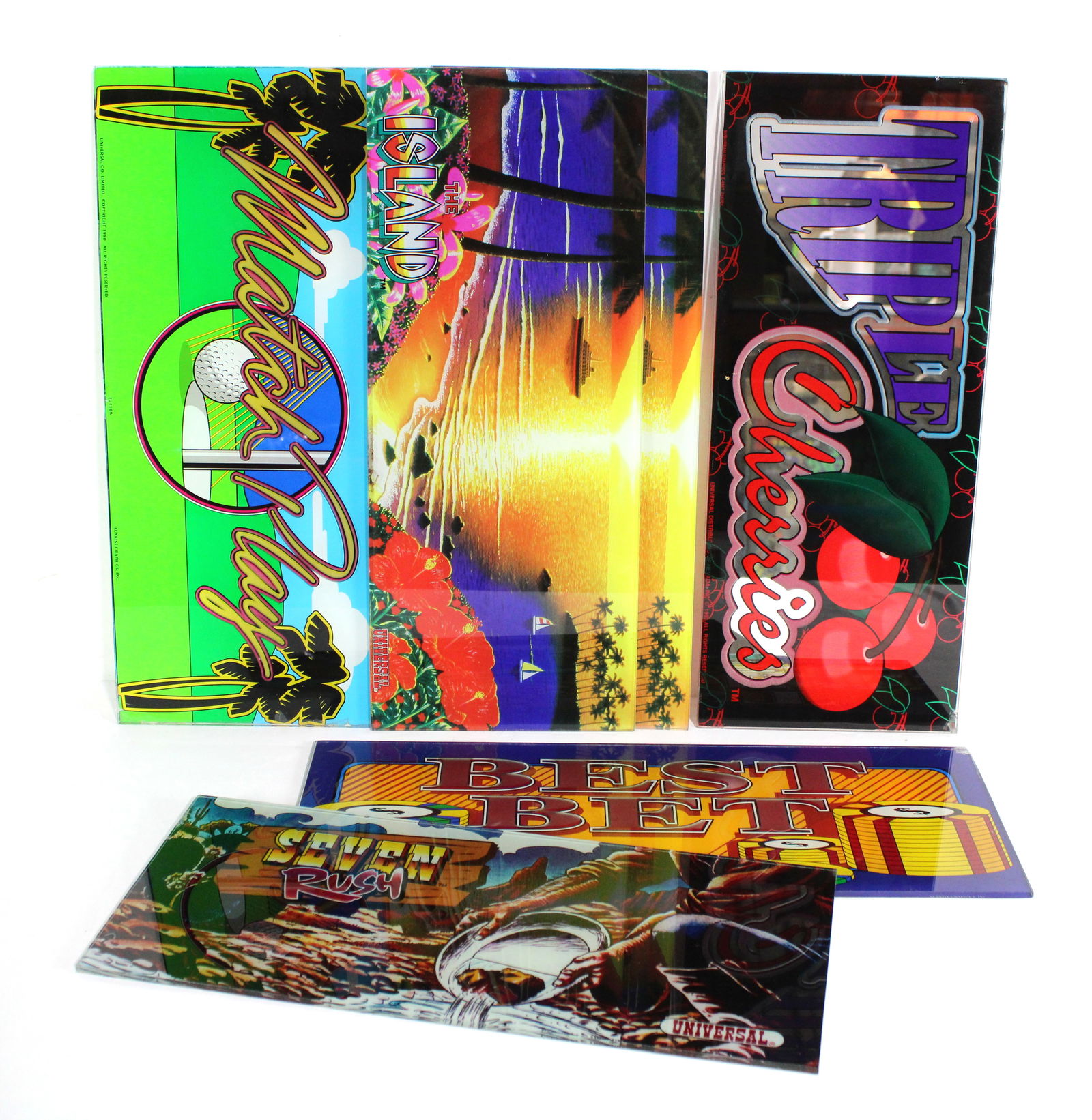Slot Machine Marquee Glass incl. Triple Cherries: Slot Machine Marquee Glass incl. Triple Cherries. Total of 6. Glass. This item requires third-party shipping or pickup arrangements to be made. Shipping through mail not recomended.
