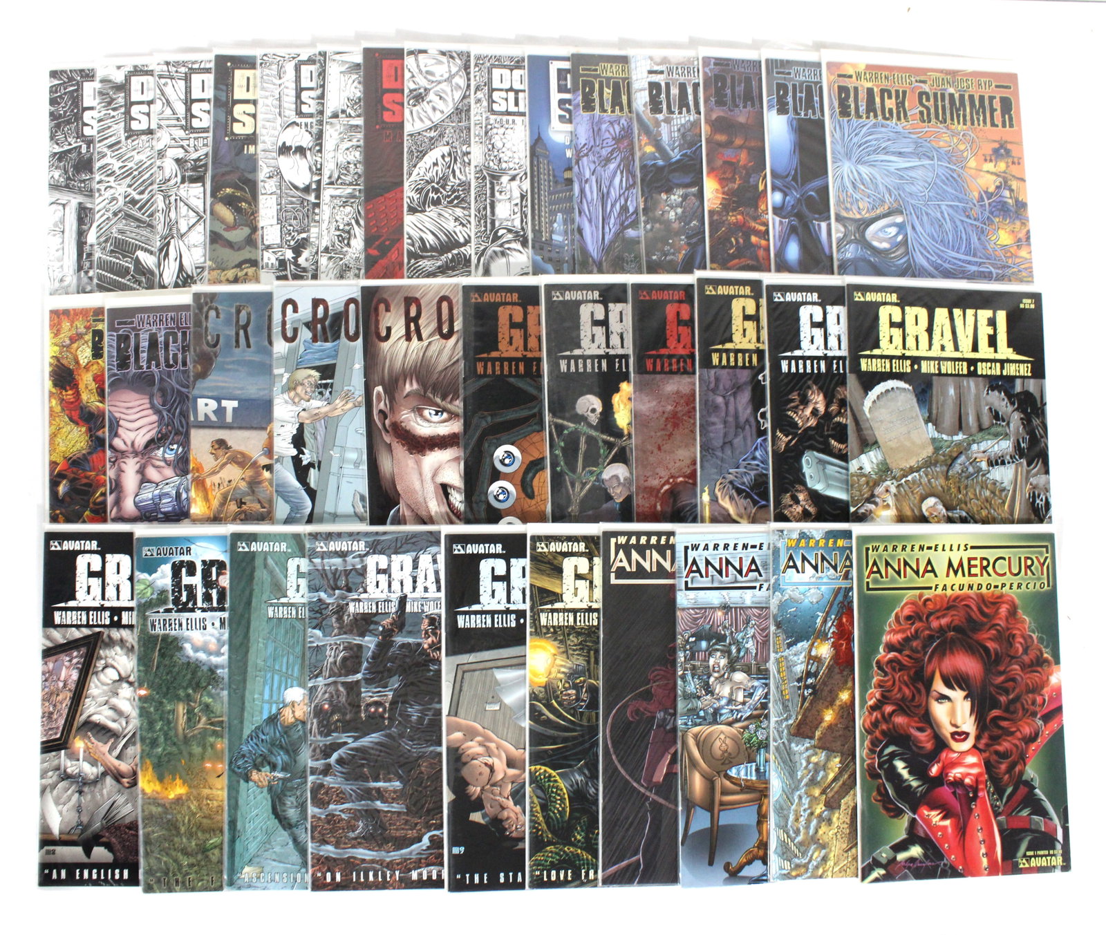 Assorted Avatar Comics including Warren Ellis' Gravel and Anna Mercury: Assorted Avatar Comics including Warren Ellis' Gravel and Anna Mercury. Total of 36 issues. Assorted issues. Varying conditions. Bagged and Boarded. In-house shipping available.