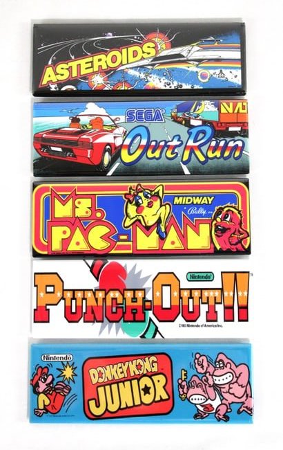 Custom Arcade Magnets incl. Donkey Kong Jr. and Ms. Pac-Man: Custom Arcade Magnets incl. Donkey Kong Jr. and Ms. Pac-Man. Total of 5. In-house shipping available. Dimensions of One: 2 x 5