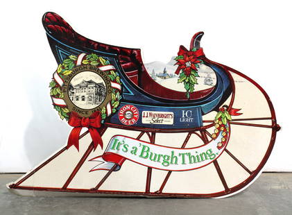 Pittsburg Brewing Christmas Sleigh Store Display: Pittsburg Brewing Christmas Sleigh Store Display. This item requires third-party shipping or pickup arrangements to be made. Dimensions: 42 x 16 x 14