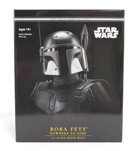 NIB Star Wars Boba Fett Resin Bust, Comic Book Day 2022: New In Box Star Wars Boba Fett Resin Bust, Comic Book Day 2022. Sealed. Limited Edition, 264 of 1000. New in box. Still sealed in styrofoam. In-house shipping available. Dimensions of Box: 16 x 13 x 1