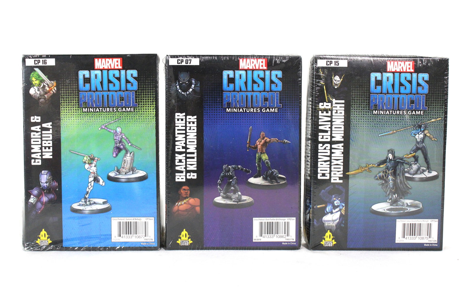 NIB Marvel Crisis Protocol Miniatures incl. Black Panther, Lot 1: NIB Marvel Crisis Protocol Miniatures incl. Black Panther, Lot 1. Includes CP-16, CP-07 and CP-15. In-house shipping available. *This lot was consigned by Brainstorm Comics, Frederick, MD